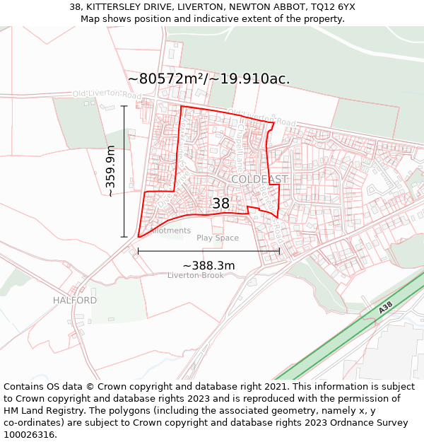 38, KITTERSLEY DRIVE, LIVERTON, NEWTON ABBOT, TQ12 6YX: Plot and title map