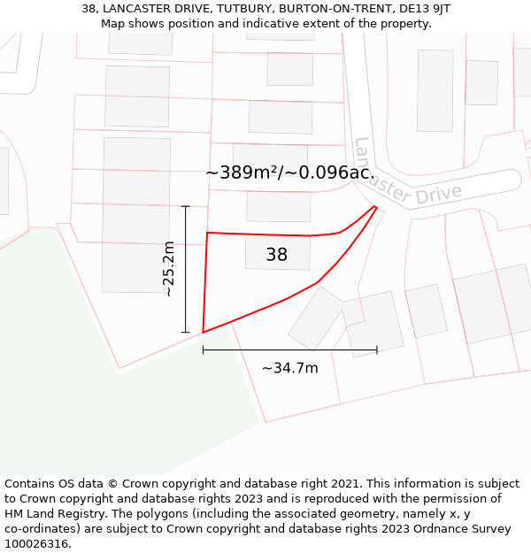 38, LANCASTER DRIVE, TUTBURY, BURTON-ON-TRENT, DE13 9JT: Plot and title map