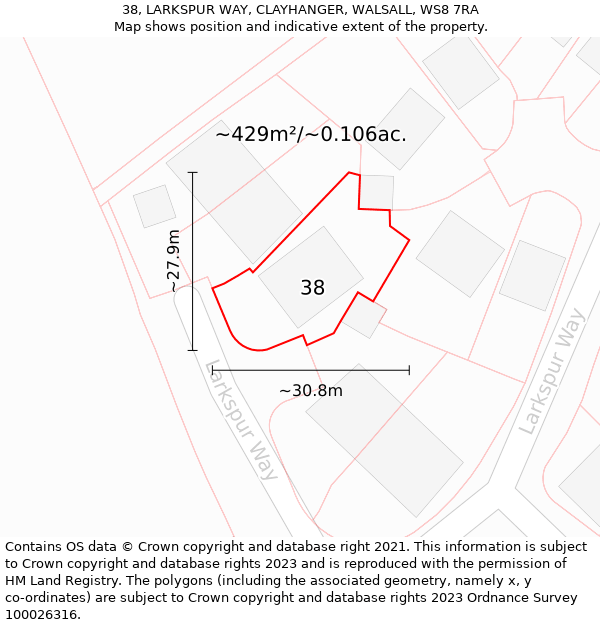 38, LARKSPUR WAY, CLAYHANGER, WALSALL, WS8 7RA: Plot and title map