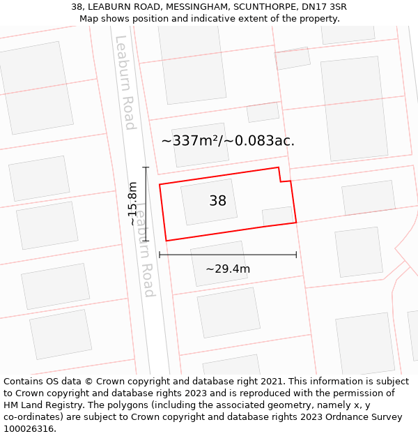 38, LEABURN ROAD, MESSINGHAM, SCUNTHORPE, DN17 3SR: Plot and title map