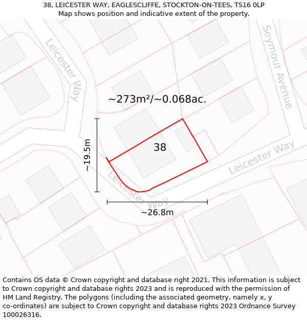 38, LEICESTER WAY, EAGLESCLIFFE, STOCKTON-ON-TEES, TS16 0LP: Plot and title map