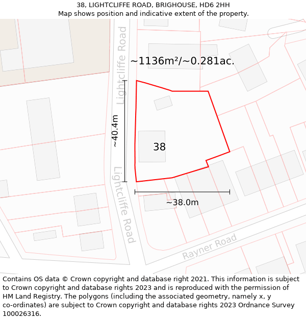 38, LIGHTCLIFFE ROAD, BRIGHOUSE, HD6 2HH: Plot and title map