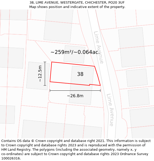 38, LIME AVENUE, WESTERGATE, CHICHESTER, PO20 3UF: Plot and title map