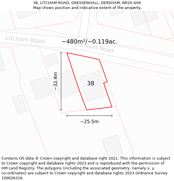 38, LITCHAM ROAD, GRESSENHALL, DEREHAM, NR20 4AR: Plot and title map