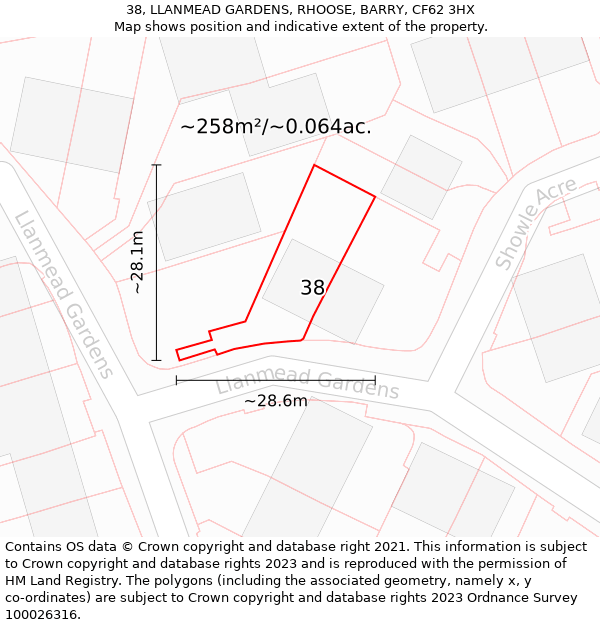 38, LLANMEAD GARDENS, RHOOSE, BARRY, CF62 3HX: Plot and title map