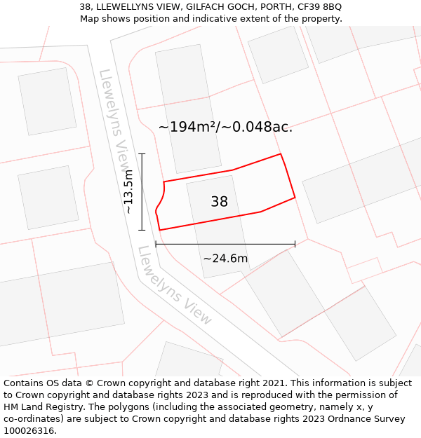 38, LLEWELLYNS VIEW, GILFACH GOCH, PORTH, CF39 8BQ: Plot and title map
