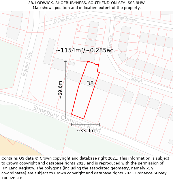 38, LODWICK, SHOEBURYNESS, SOUTHEND-ON-SEA, SS3 9HW: Plot and title map