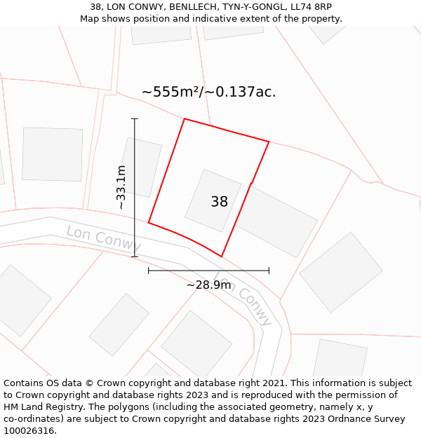 38, LON CONWY, BENLLECH, TYN-Y-GONGL, LL74 8RP: Plot and title map