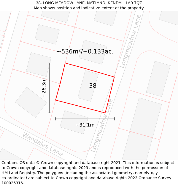 38, LONG MEADOW LANE, NATLAND, KENDAL, LA9 7QZ: Plot and title map