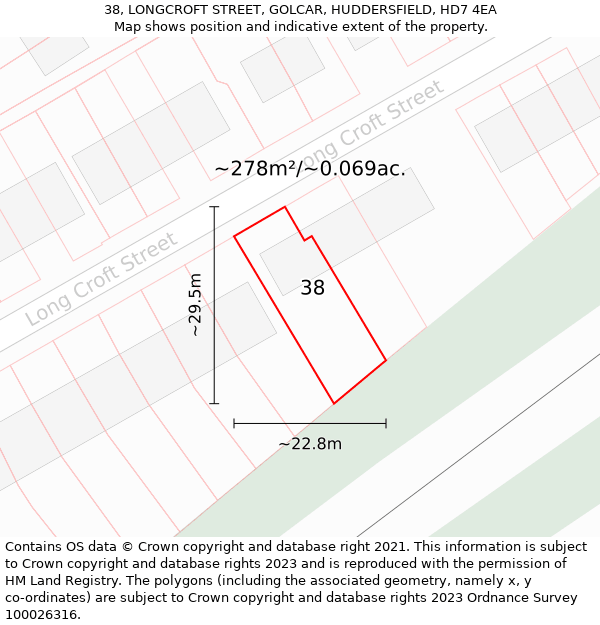 38, LONGCROFT STREET, GOLCAR, HUDDERSFIELD, HD7 4EA: Plot and title map