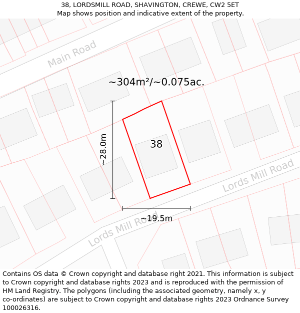 38, LORDSMILL ROAD, SHAVINGTON, CREWE, CW2 5ET: Plot and title map