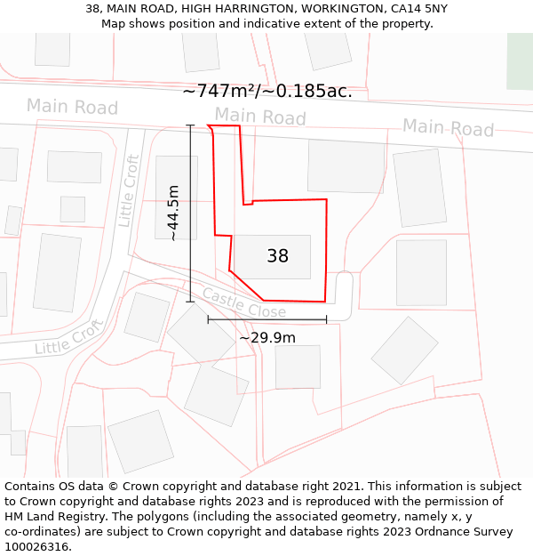 38, MAIN ROAD, HIGH HARRINGTON, WORKINGTON, CA14 5NY: Plot and title map