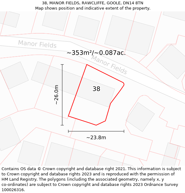 38, MANOR FIELDS, RAWCLIFFE, GOOLE, DN14 8TN: Plot and title map