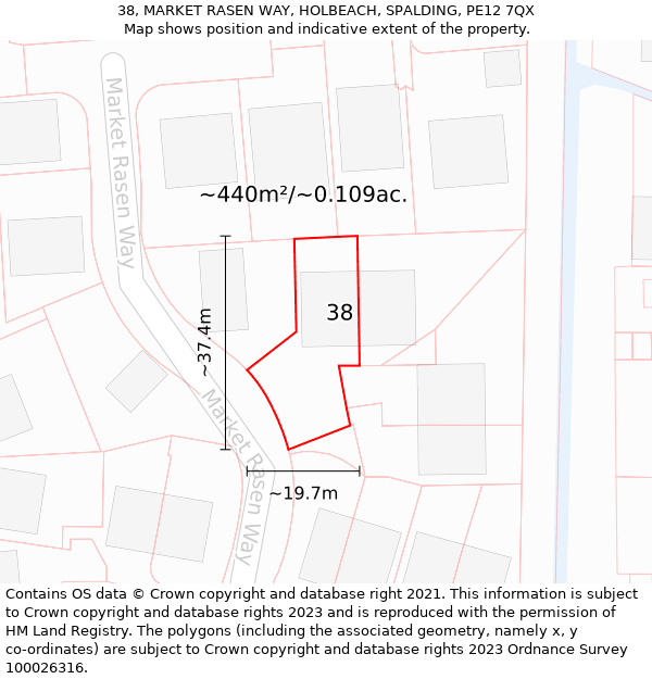 38, MARKET RASEN WAY, HOLBEACH, SPALDING, PE12 7QX: Plot and title map