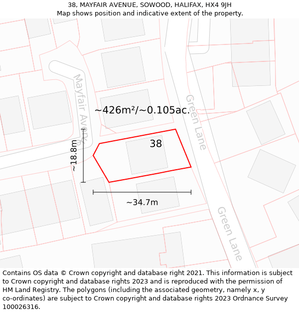 38, MAYFAIR AVENUE, SOWOOD, HALIFAX, HX4 9JH: Plot and title map