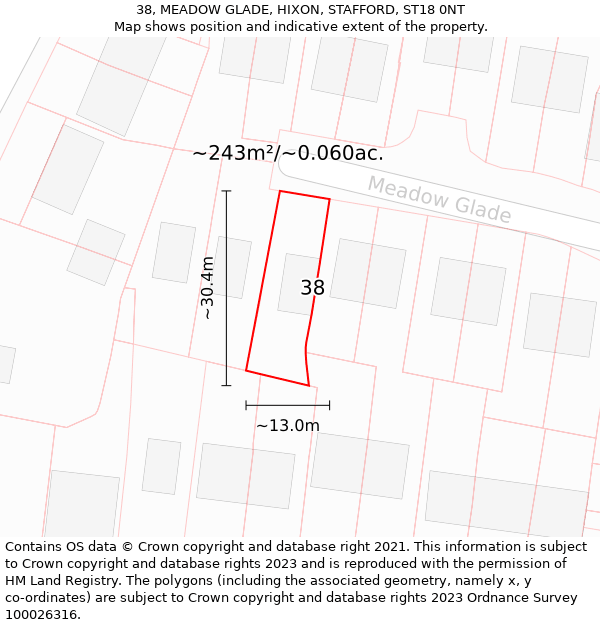 38, MEADOW GLADE, HIXON, STAFFORD, ST18 0NT: Plot and title map