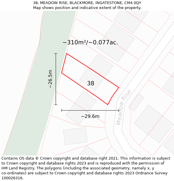 38, MEADOW RISE, BLACKMORE, INGATESTONE, CM4 0QY: Plot and title map