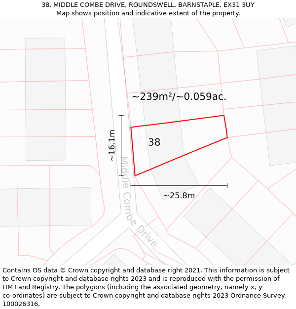 38, MIDDLE COMBE DRIVE, ROUNDSWELL, BARNSTAPLE, EX31 3UY: Plot and title map