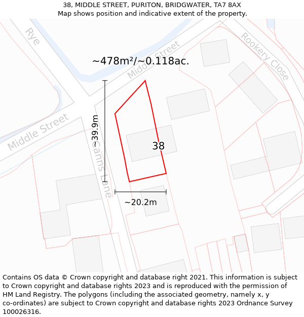 38, MIDDLE STREET, PURITON, BRIDGWATER, TA7 8AX: Plot and title map