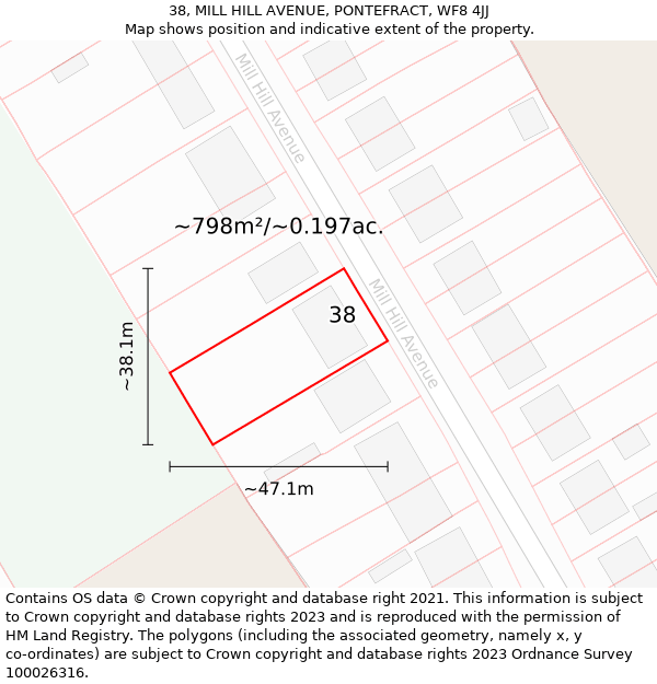 38, MILL HILL AVENUE, PONTEFRACT, WF8 4JJ: Plot and title map