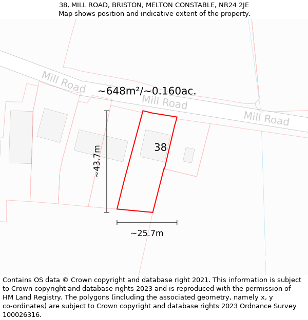38, MILL ROAD, BRISTON, MELTON CONSTABLE, NR24 2JE: Plot and title map