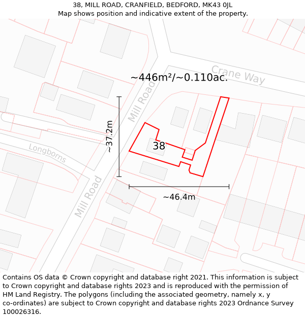 38, MILL ROAD, CRANFIELD, BEDFORD, MK43 0JL: Plot and title map