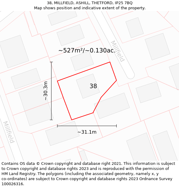 38, MILLFIELD, ASHILL, THETFORD, IP25 7BQ: Plot and title map