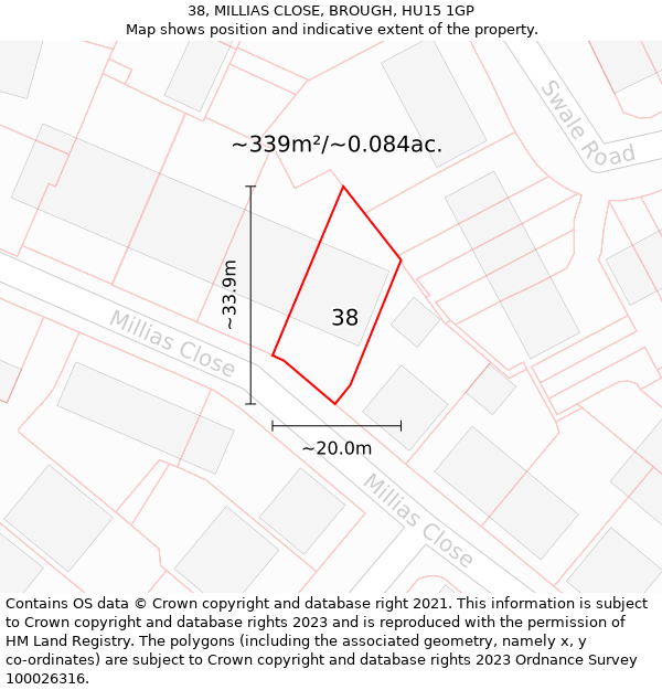 38, MILLIAS CLOSE, BROUGH, HU15 1GP: Plot and title map