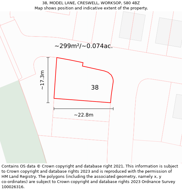 38, MODEL LANE, CRESWELL, WORKSOP, S80 4BZ: Plot and title map