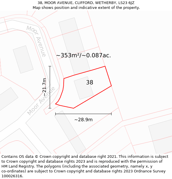 38, MOOR AVENUE, CLIFFORD, WETHERBY, LS23 6JZ: Plot and title map