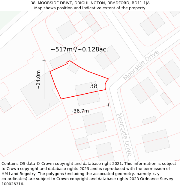 38, MOORSIDE DRIVE, DRIGHLINGTON, BRADFORD, BD11 1JA: Plot and title map