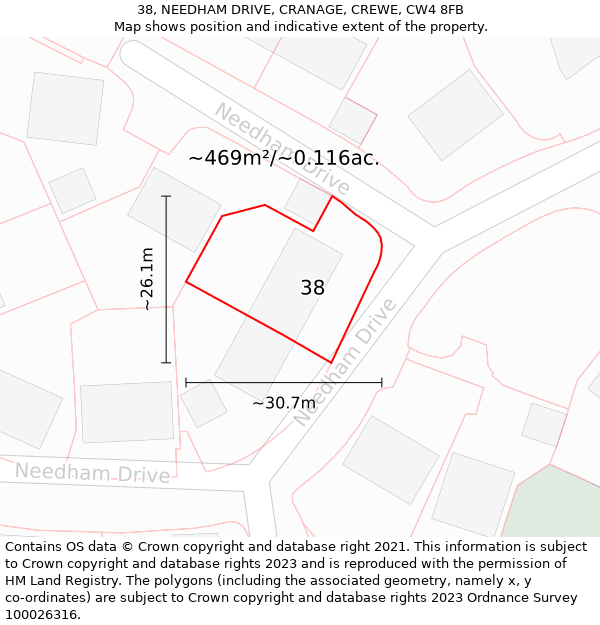 38, NEEDHAM DRIVE, CRANAGE, CREWE, CW4 8FB: Plot and title map