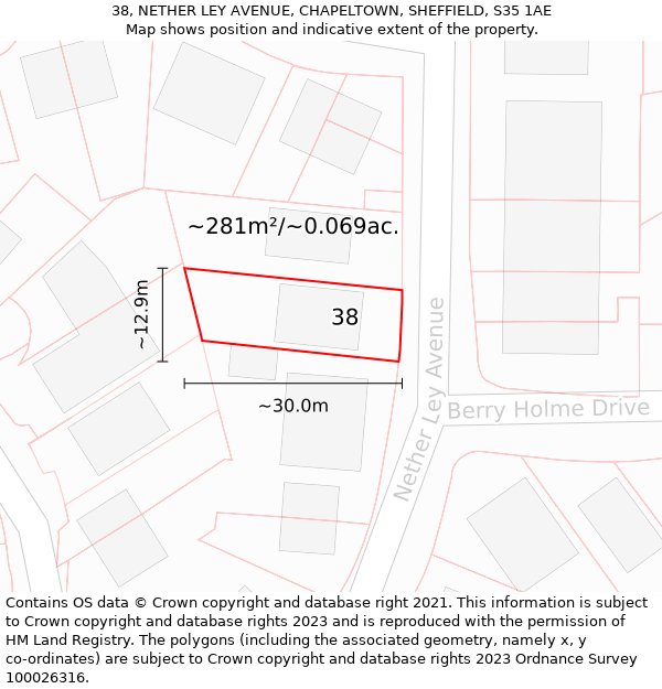 38, NETHER LEY AVENUE, CHAPELTOWN, SHEFFIELD, S35 1AE: Plot and title map