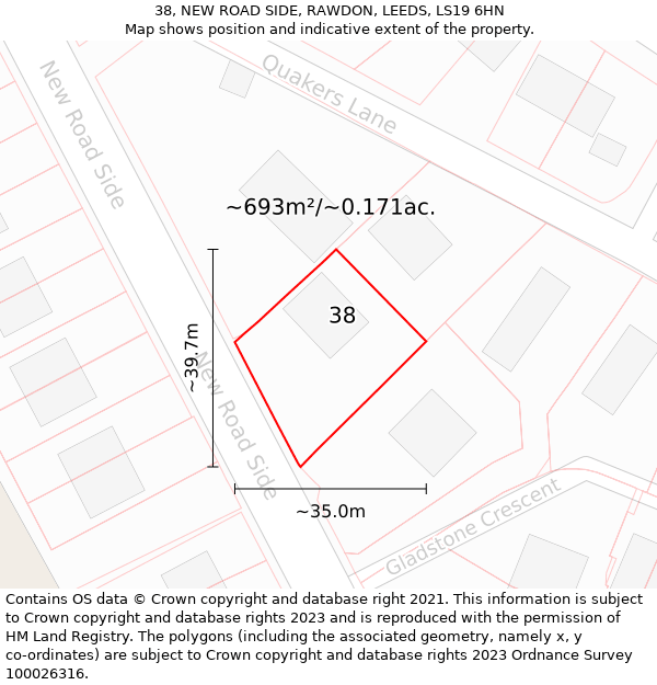 38, NEW ROAD SIDE, RAWDON, LEEDS, LS19 6HN: Plot and title map