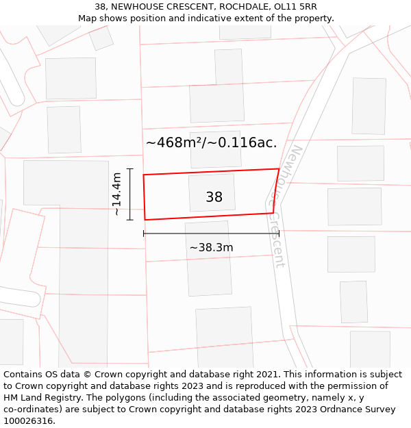 38, NEWHOUSE CRESCENT, ROCHDALE, OL11 5RR: Plot and title map