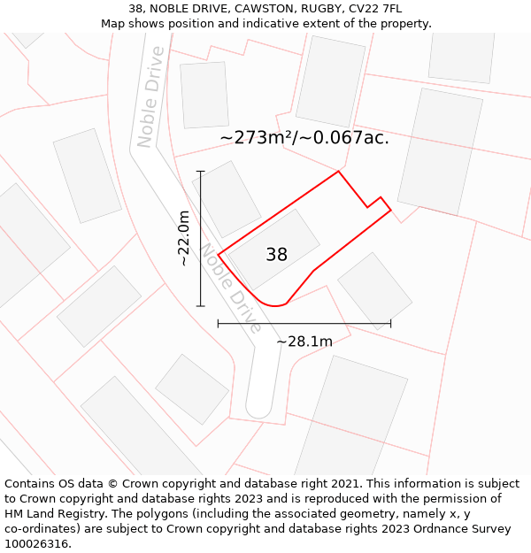 38, NOBLE DRIVE, CAWSTON, RUGBY, CV22 7FL: Plot and title map