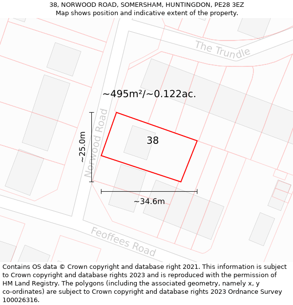 38, NORWOOD ROAD, SOMERSHAM, HUNTINGDON, PE28 3EZ: Plot and title map