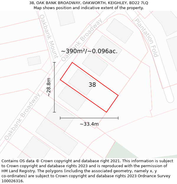 38, OAK BANK BROADWAY, OAKWORTH, KEIGHLEY, BD22 7LQ: Plot and title map