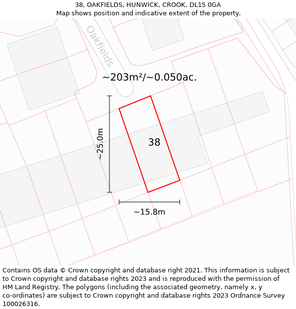 38, OAKFIELDS, HUNWICK, CROOK, DL15 0GA: Plot and title map