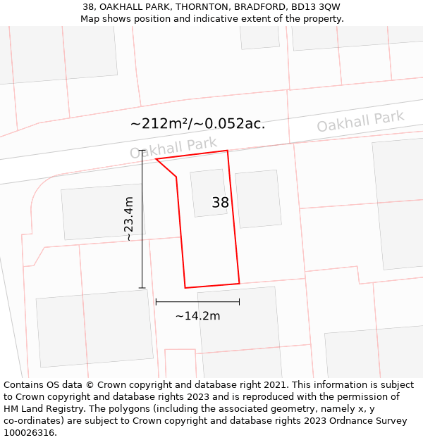 38, OAKHALL PARK, THORNTON, BRADFORD, BD13 3QW: Plot and title map