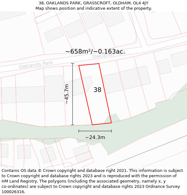 38, OAKLANDS PARK, GRASSCROFT, OLDHAM, OL4 4JY: Plot and title map