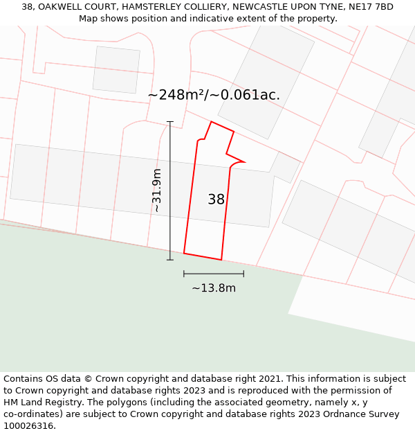 38, OAKWELL COURT, HAMSTERLEY COLLIERY, NEWCASTLE UPON TYNE, NE17 7BD: Plot and title map