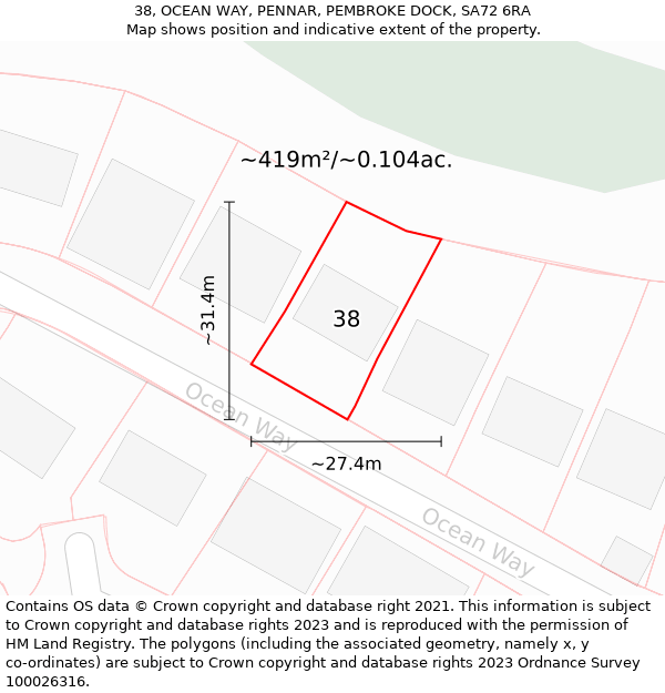 38, OCEAN WAY, PENNAR, PEMBROKE DOCK, SA72 6RA: Plot and title map