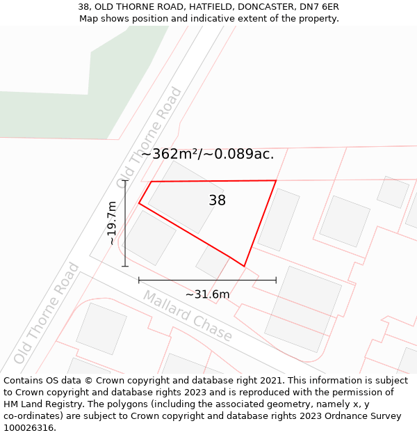 38, OLD THORNE ROAD, HATFIELD, DONCASTER, DN7 6ER: Plot and title map