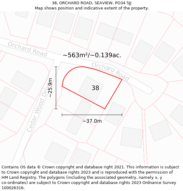 38, ORCHARD ROAD, SEAVIEW, PO34 5JJ: Plot and title map