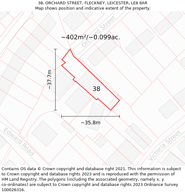 38, ORCHARD STREET, FLECKNEY, LEICESTER, LE8 8AR: Plot and title map