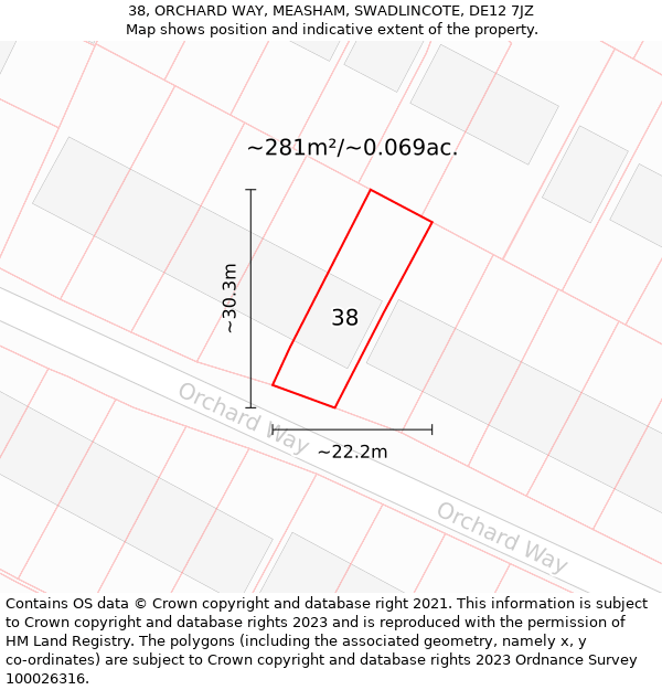 38, ORCHARD WAY, MEASHAM, SWADLINCOTE, DE12 7JZ: Plot and title map