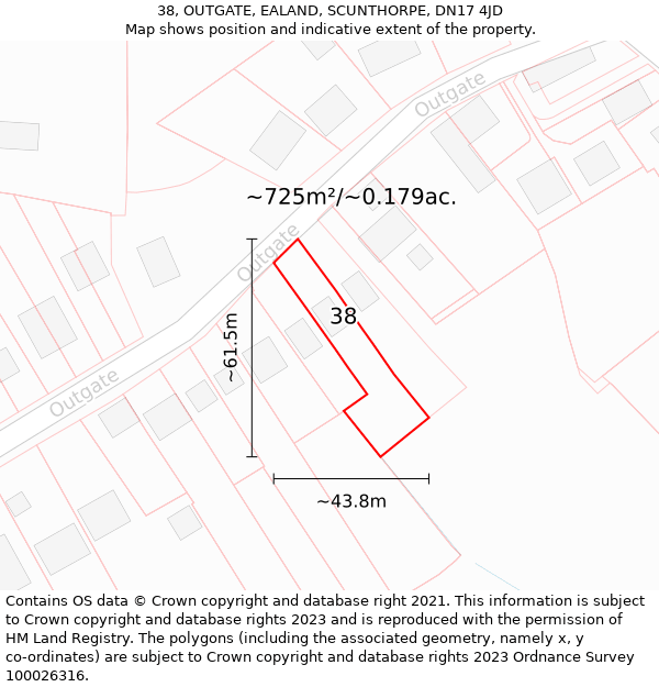 38, OUTGATE, EALAND, SCUNTHORPE, DN17 4JD: Plot and title map