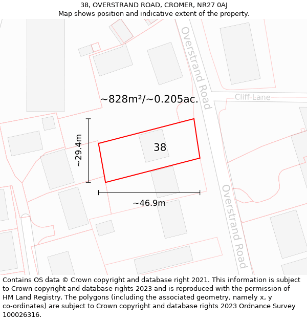 38, OVERSTRAND ROAD, CROMER, NR27 0AJ: Plot and title map