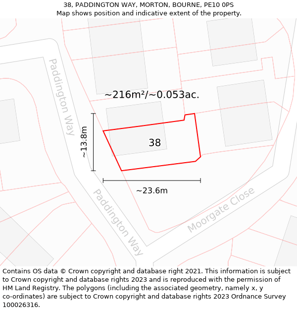 38, PADDINGTON WAY, MORTON, BOURNE, PE10 0PS: Plot and title map